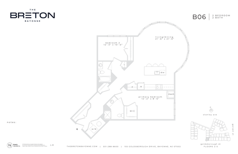 Floor plan for 2 beds, 2 baths, 1429 sqft